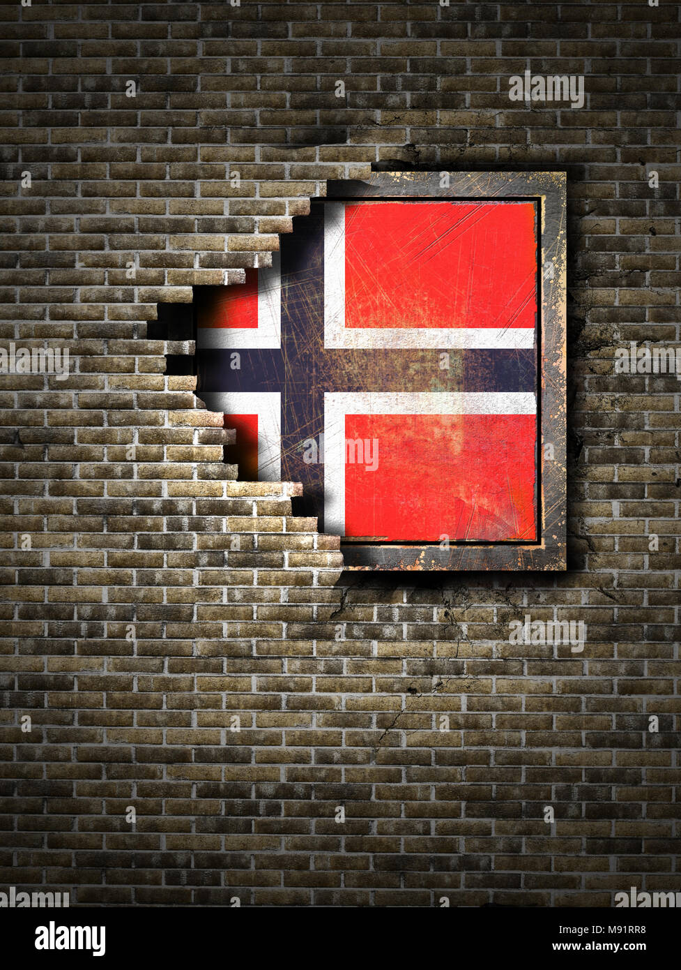 3d rendering of a Norway flag over a rusty metallic plate embedded on ...