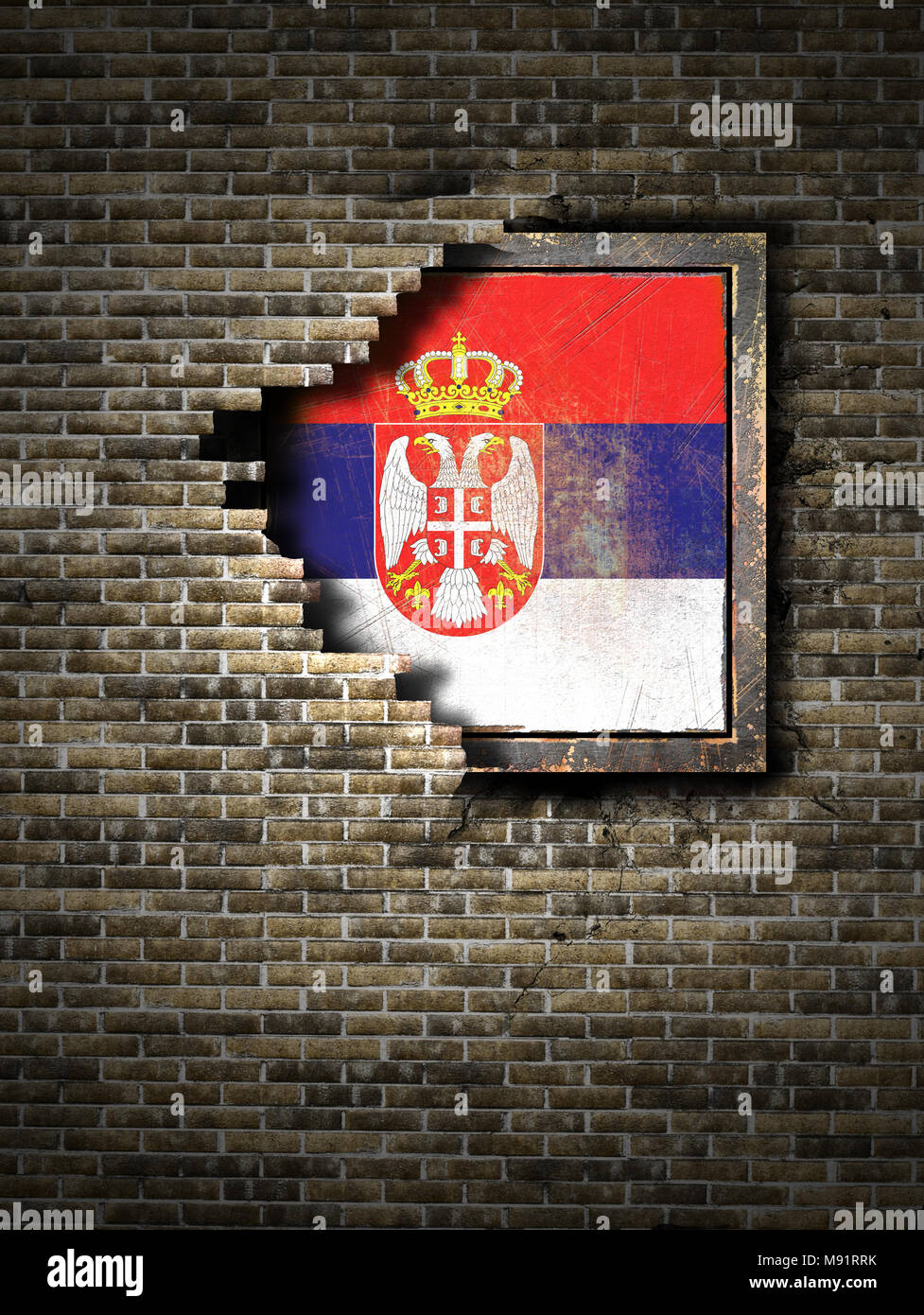 3d rendering of a Serbia flag over a rusty metallic plate embedded on ...