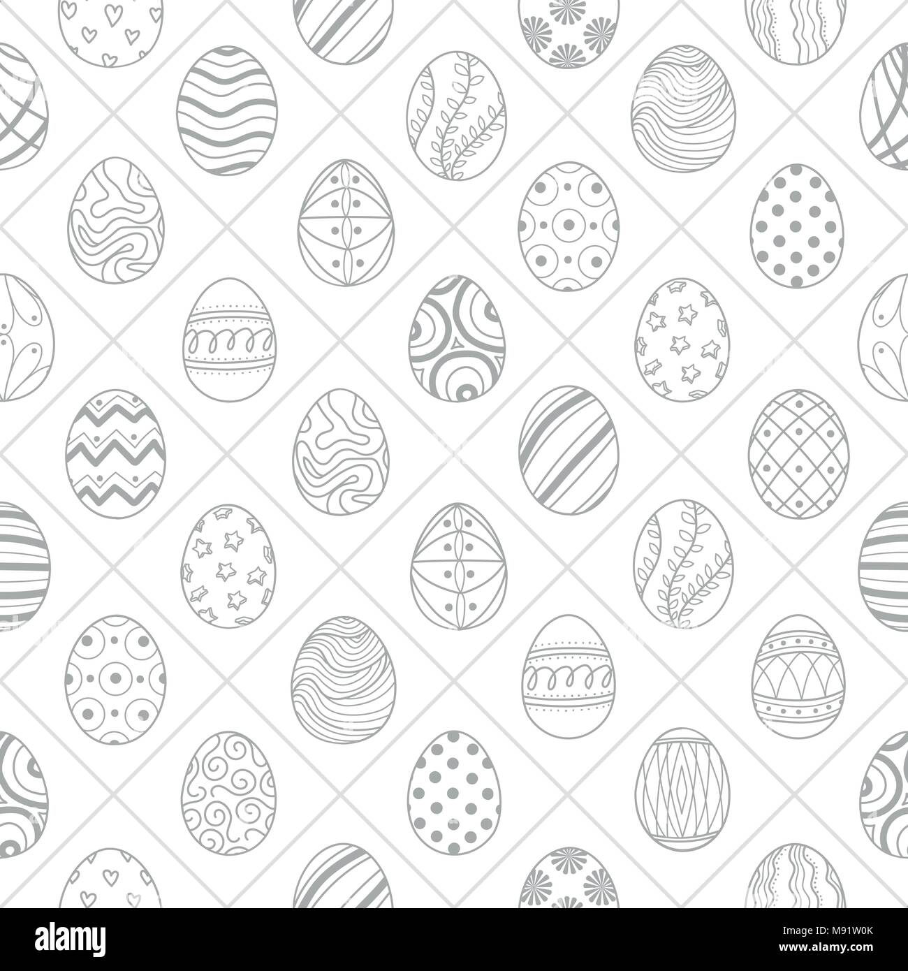 Easter eggs in light gray random on white square background. Cute hand drawn seamless pattern design for Easter festival in vector illustration. Stock Vector
