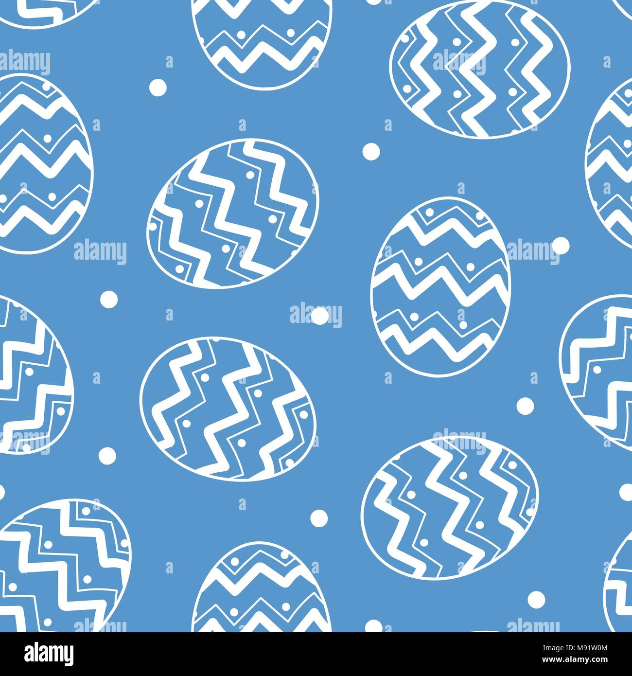 Easter eggs in white outline with white dots random on blue background. Cute hand drawn seamless pattern design for Easter festival in vector illustra Stock Vector