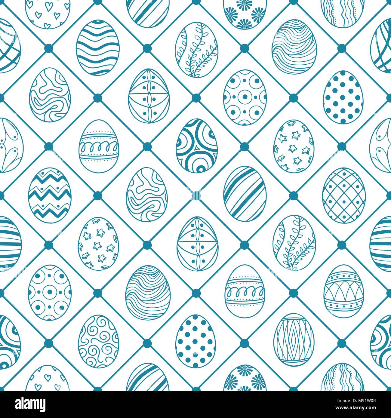 Cute Easter eggs in blue outline with blue square on white background. Cute hand drawn seamless pattern design for Easter festival in vector illustrat Stock Vector