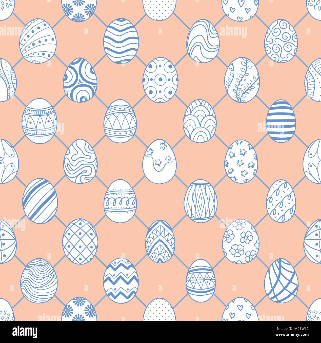 Cute Easter eggs in blue outline and white plane are at junctions on pastel pink background. Cute hand drawn seamless pattern design for Easter festiv Stock Vector