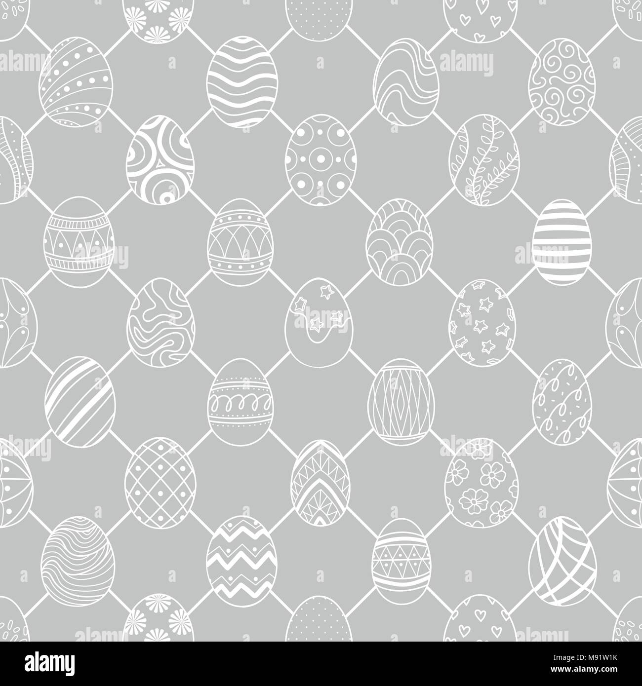 Cute Easter eggs in white outline are at junctions on light gray background. Cute hand drawn seamless pattern design for Easter festival in vector ill Stock Vector