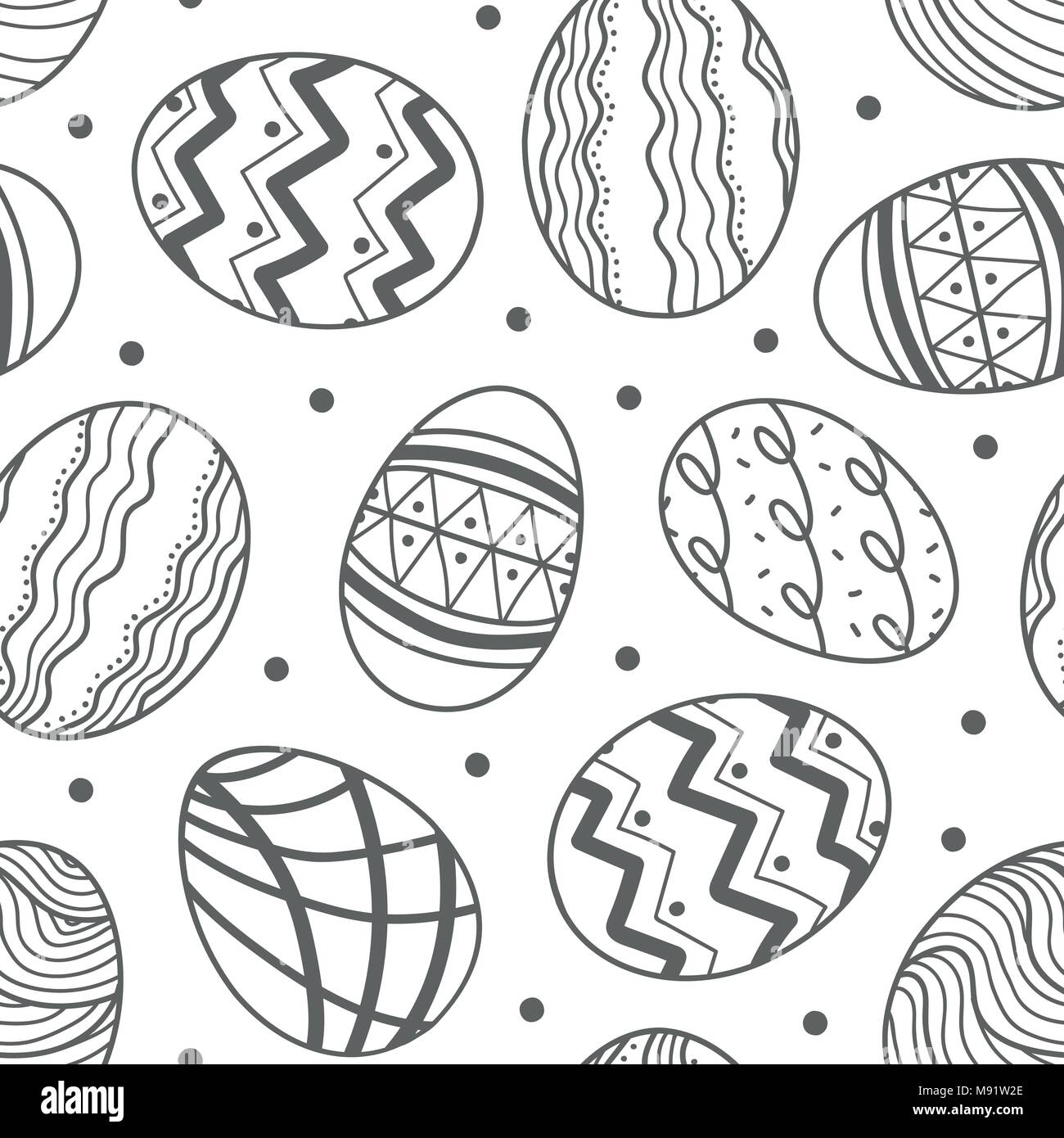 Easter eggs in gray outline and dots random on white background. Cute hand drawn seamless pattern design for Easter festival in vector illustration. Stock Vector