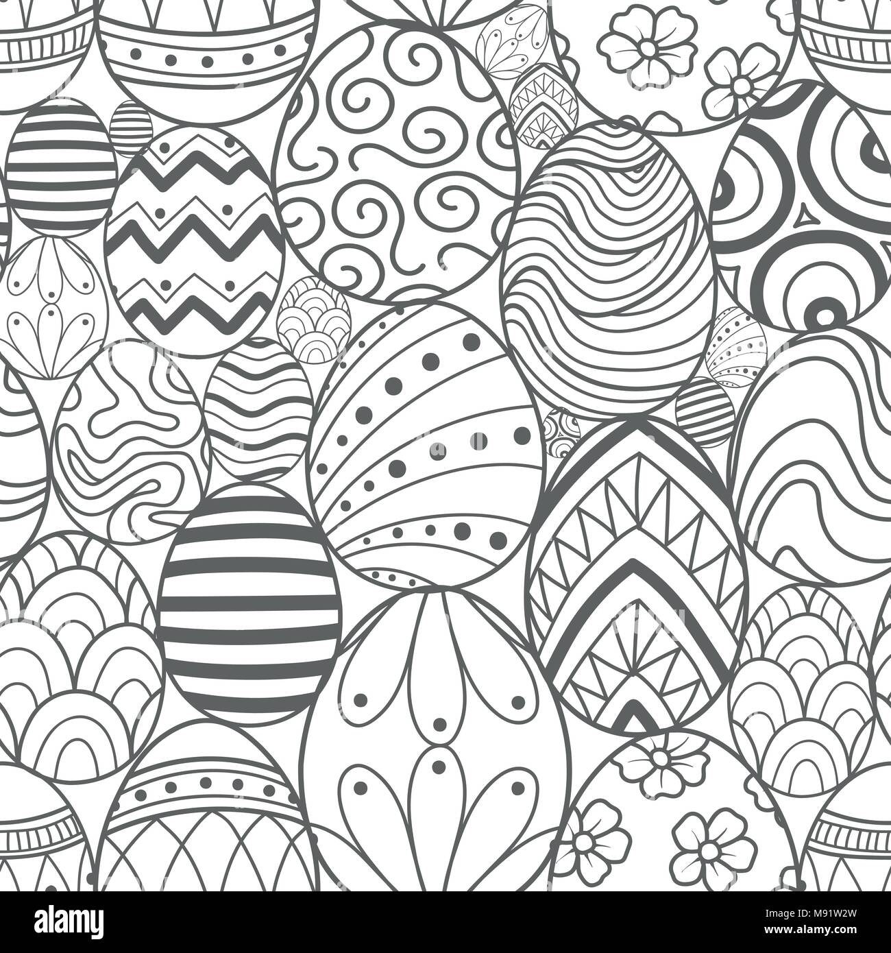 Easter eggs in gray outline random on white background. Cute hand drawn seamless pattern design for Easter festival in vector illustration. Stock Vector