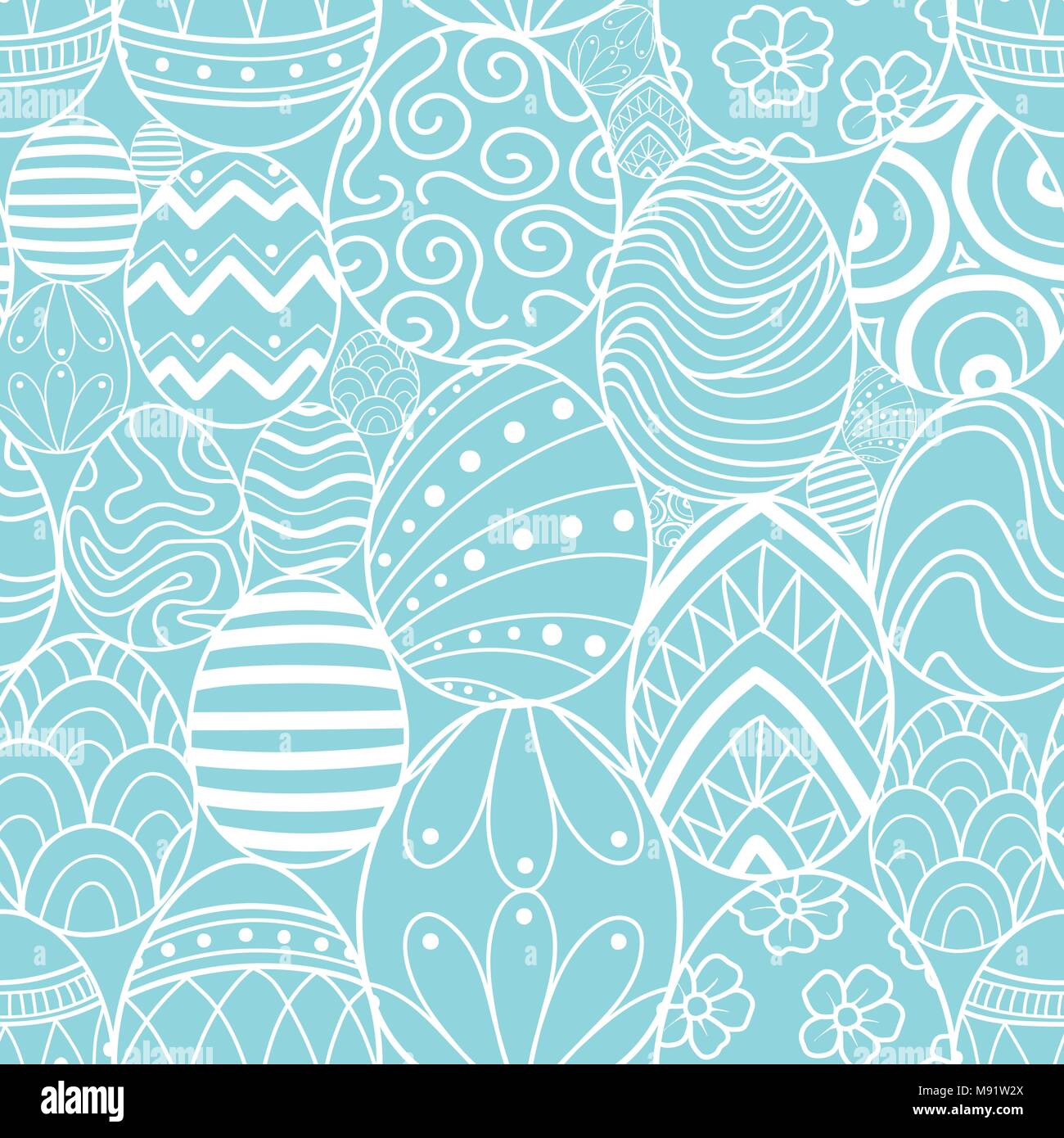Easter eggs in white outline random on blue background. Cute hand drawn seamless pattern design for Easter festival in vector illustration. Stock Vector