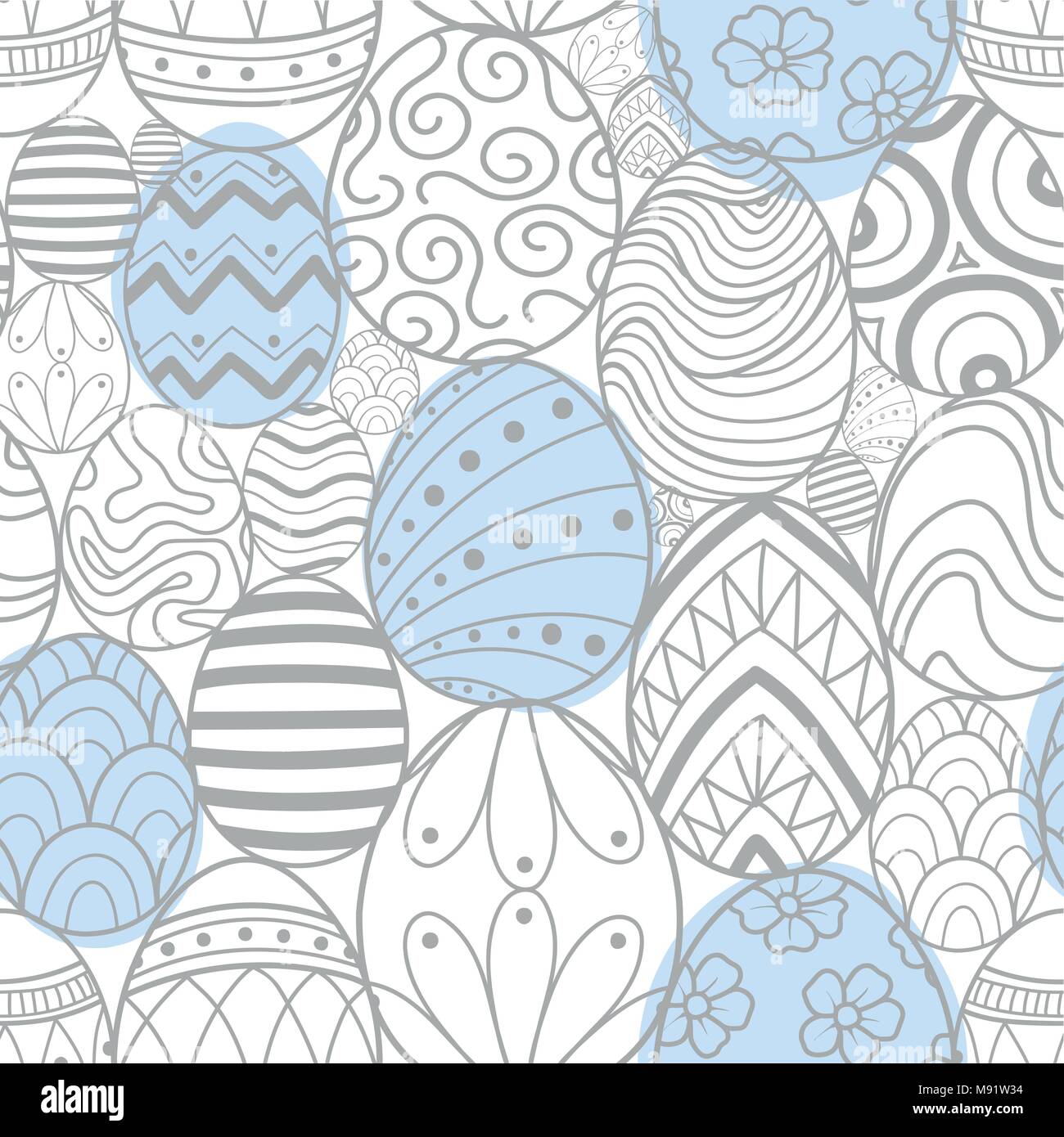 Easter eggs in light gray outline and blue plane random on white background. Cute hand drawn seamless pattern design for Easter festival in vector ill Stock Vector