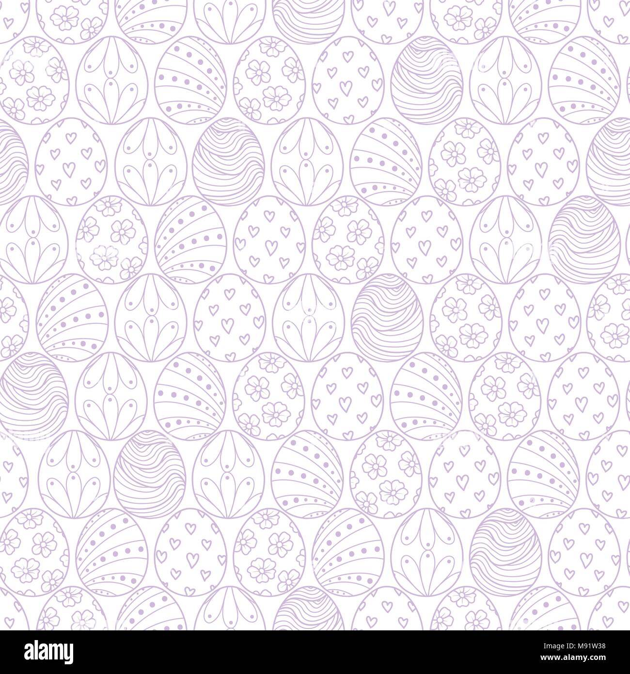 Easter eggs in pastel violet outline line up on white background. Cute hand drawn seamless pattern design for Easter festival in vector illustration. Stock Vector