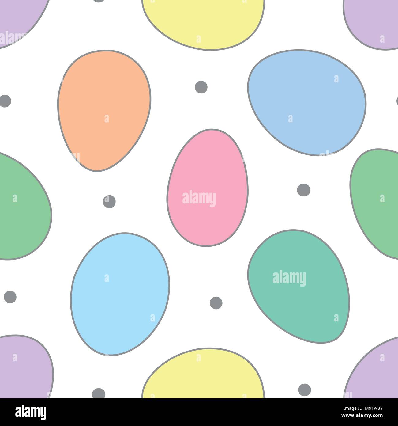Easter eggs in gray outline and colorful plane and dots random on white background. Cute hand drawn seamless pattern design for Easter festival in vec Stock Vector