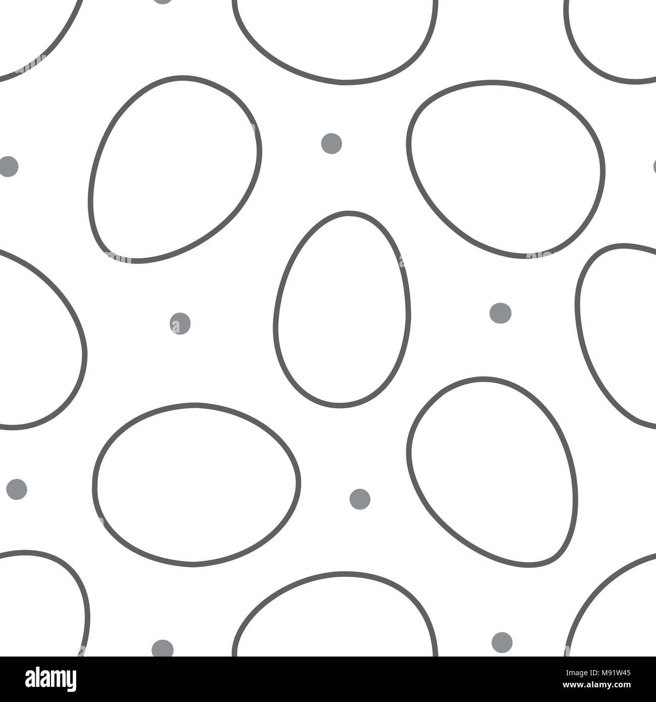 Easter eggs in gray outline and dots random on white background. Cute hand drawn seamless pattern design for Easter festival in vector illustration. Stock Vector
