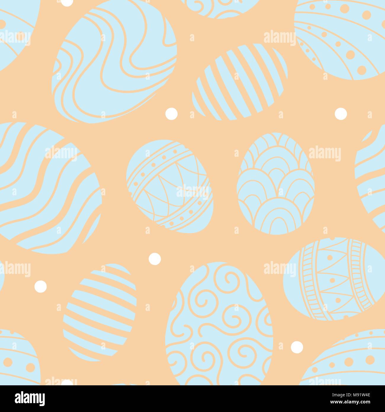 Easter eggs in blue silhouette and pastel pink dots random on pink background. Cute hand drawn seamless pattern design for Easter festival in vector i Stock Vector