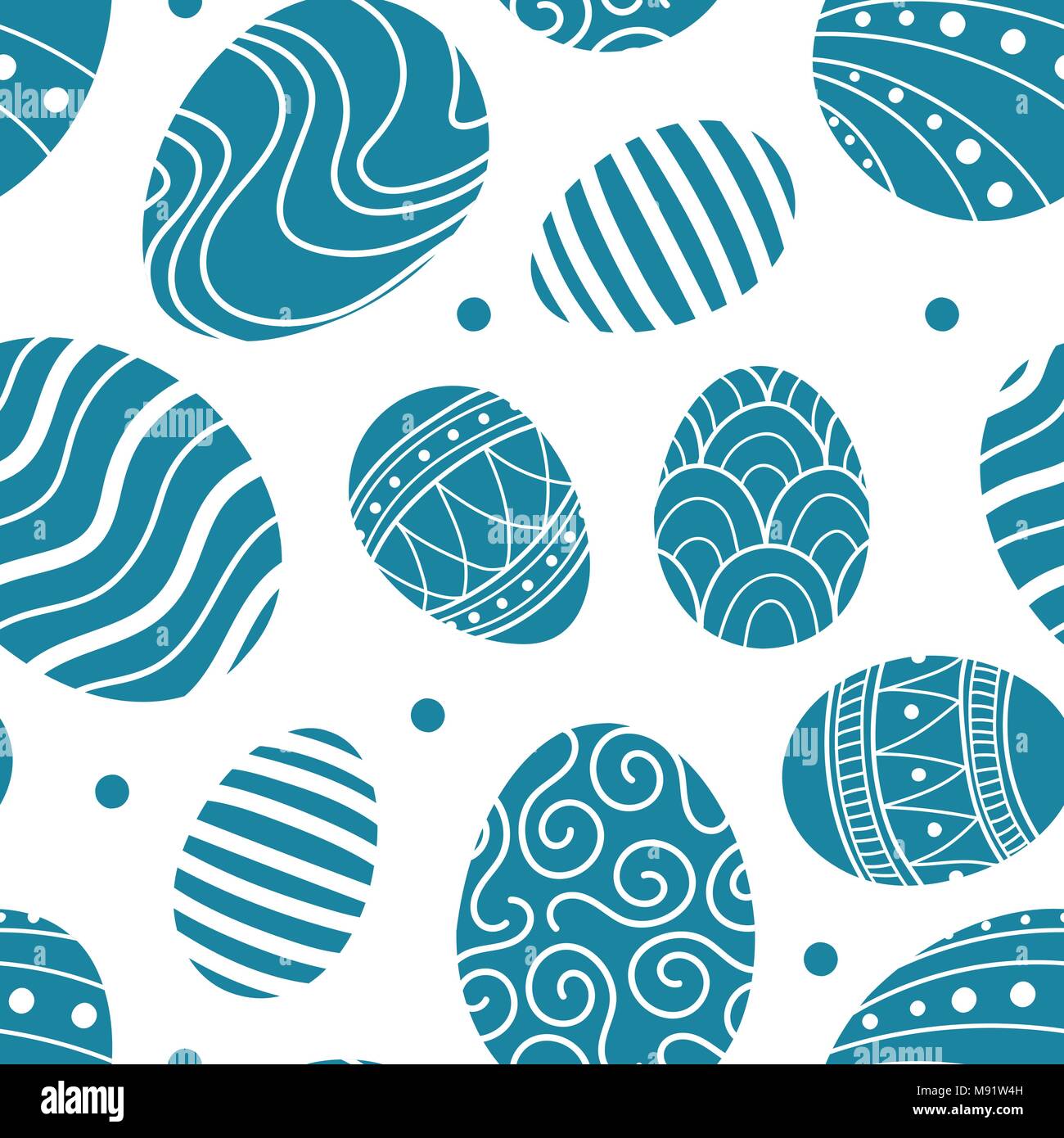 Easter eggs in blue silhouette and dots random on white background. Cute hand drawn seamless pattern design for Easter festival in vector illustration Stock Vector