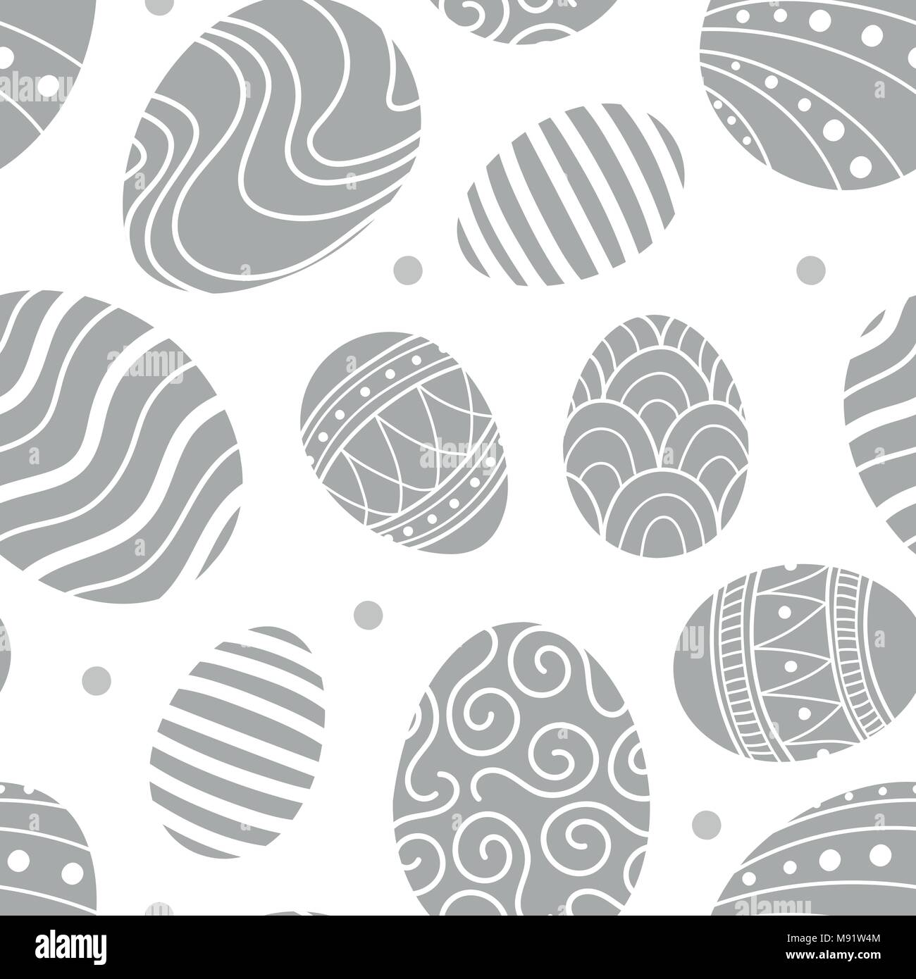 Easter eggs in light gray silhouette and dots random on white background. Cute hand drawn seamless pattern design for Easter festival in vector illust Stock Vector