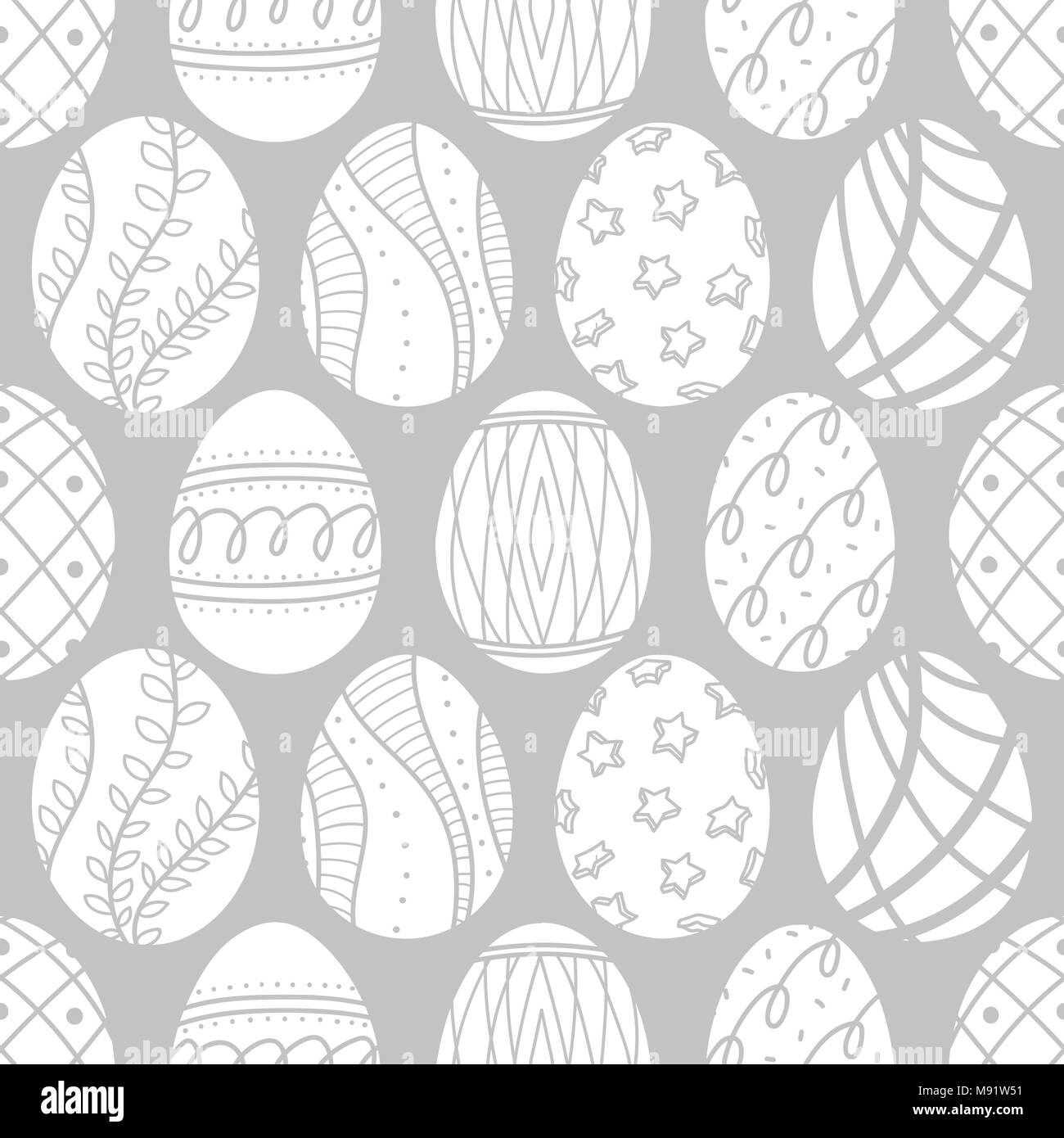 Easter eggs in white silhouette line up on light gray background. Cute hand drawn seamless pattern design for Easter festival in vector illustration. Stock Vector