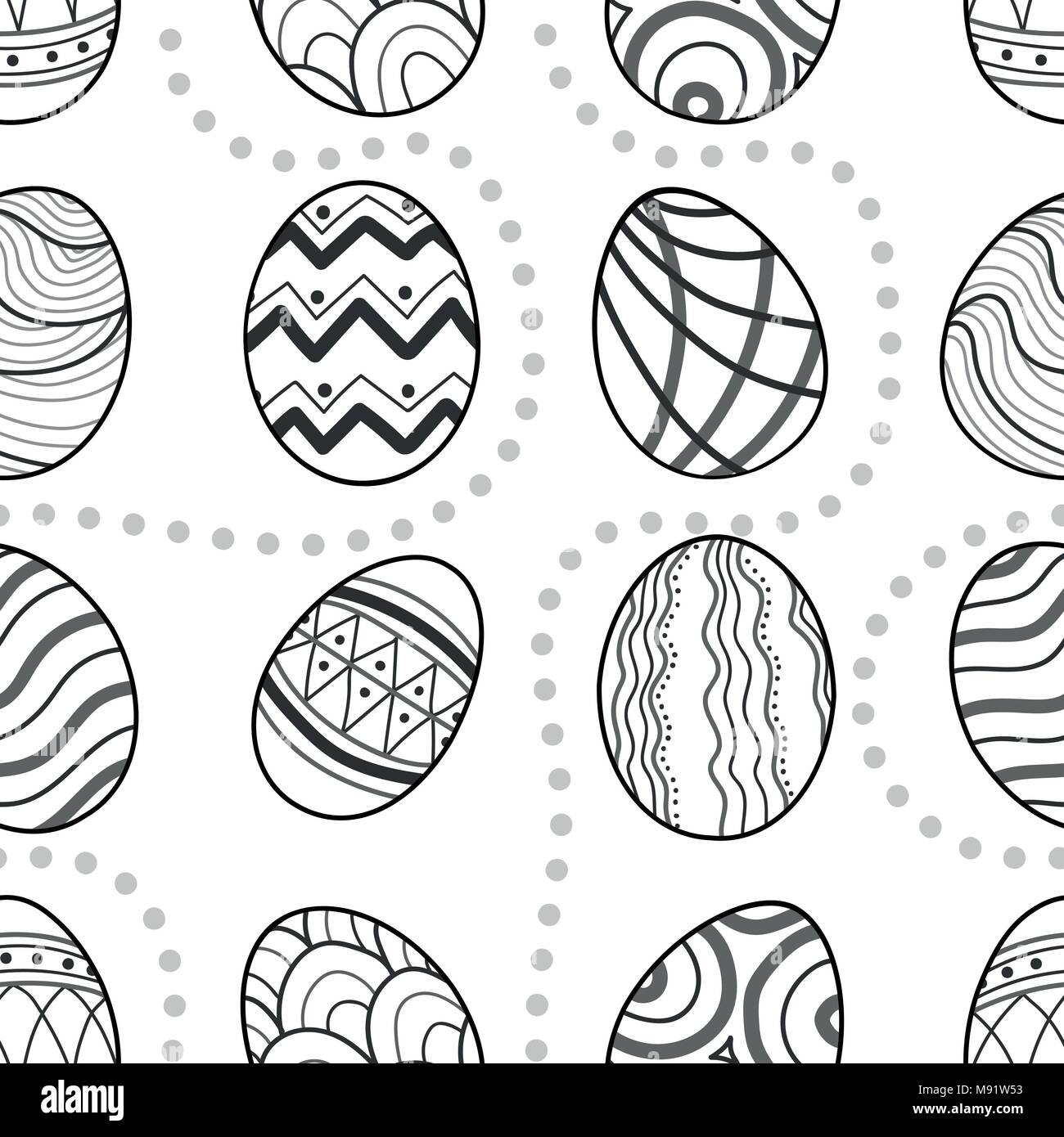 Easter eggs in black outline and dots line up on white background. Cute hand drawn seamless pattern design for Easter festival in vector illustration. Stock Vector