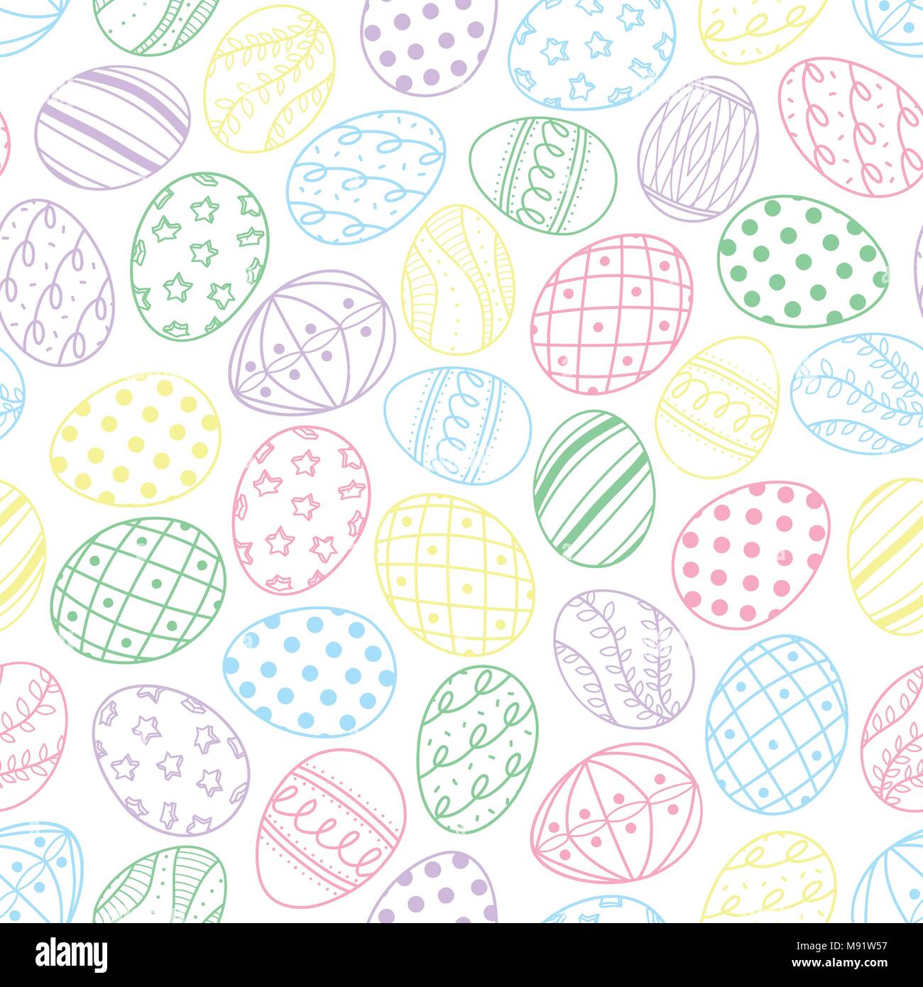 Easter eggs in pastel outline random on white background. Cute hand drawn seamless pattern design for Easter festival in vector illustration. Stock Vector