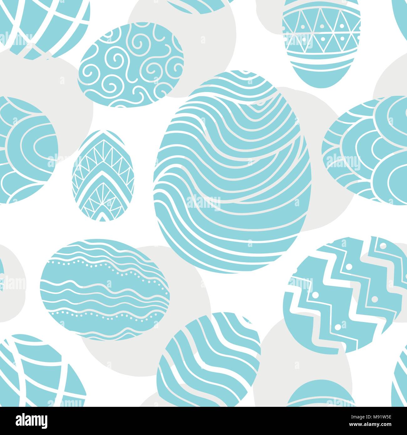 Easter eggs in pastel blue silhouette and light gray plane random on white background. Cute hand drawn seamless pattern design for Easter festival in  Stock Vector