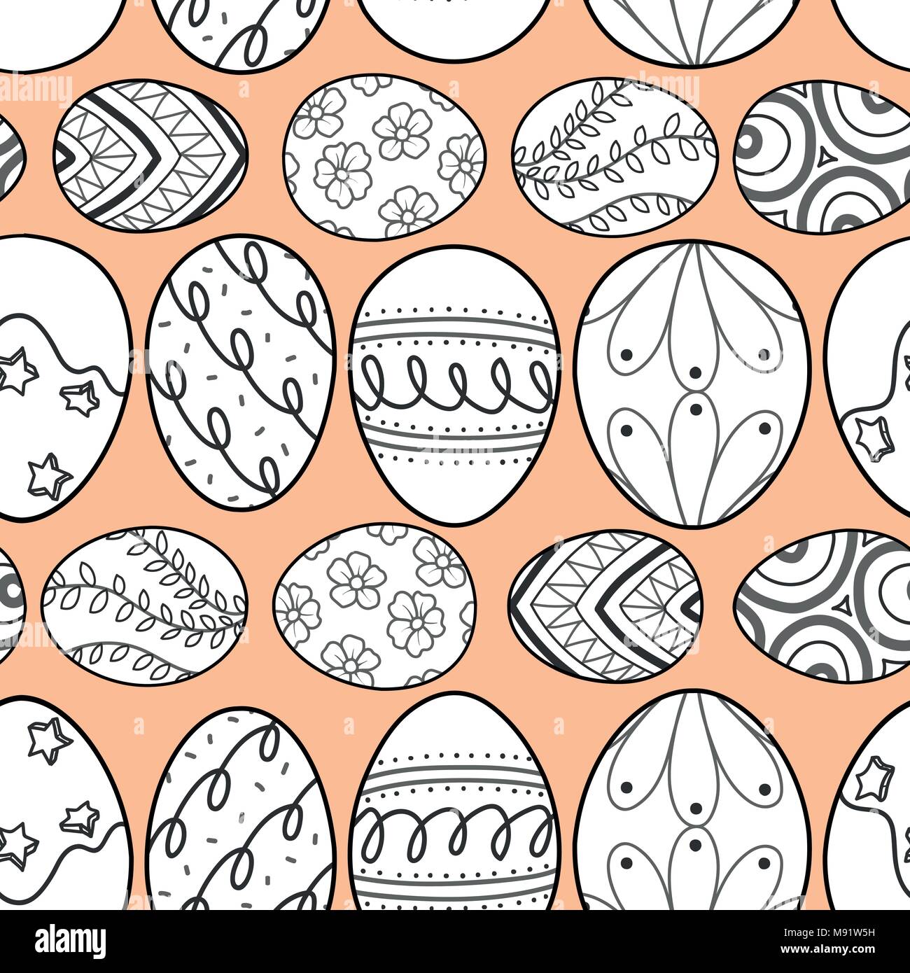Easter eggs in black outline and white plane line up on pastel pink  background. Cute hand drawn seamless pattern design for Easter festival in vector Stock Vector