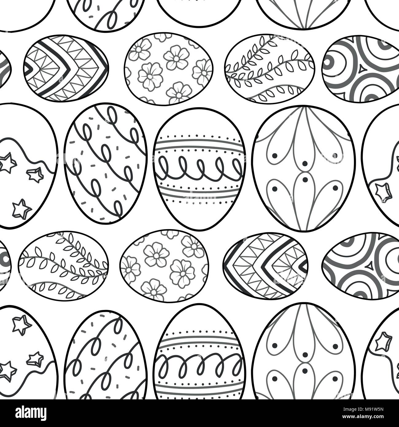Easter eggs in black outline line up on white background. Cute hand drawn seamless pattern design for Easter festival in vector illustration. Stock Vector