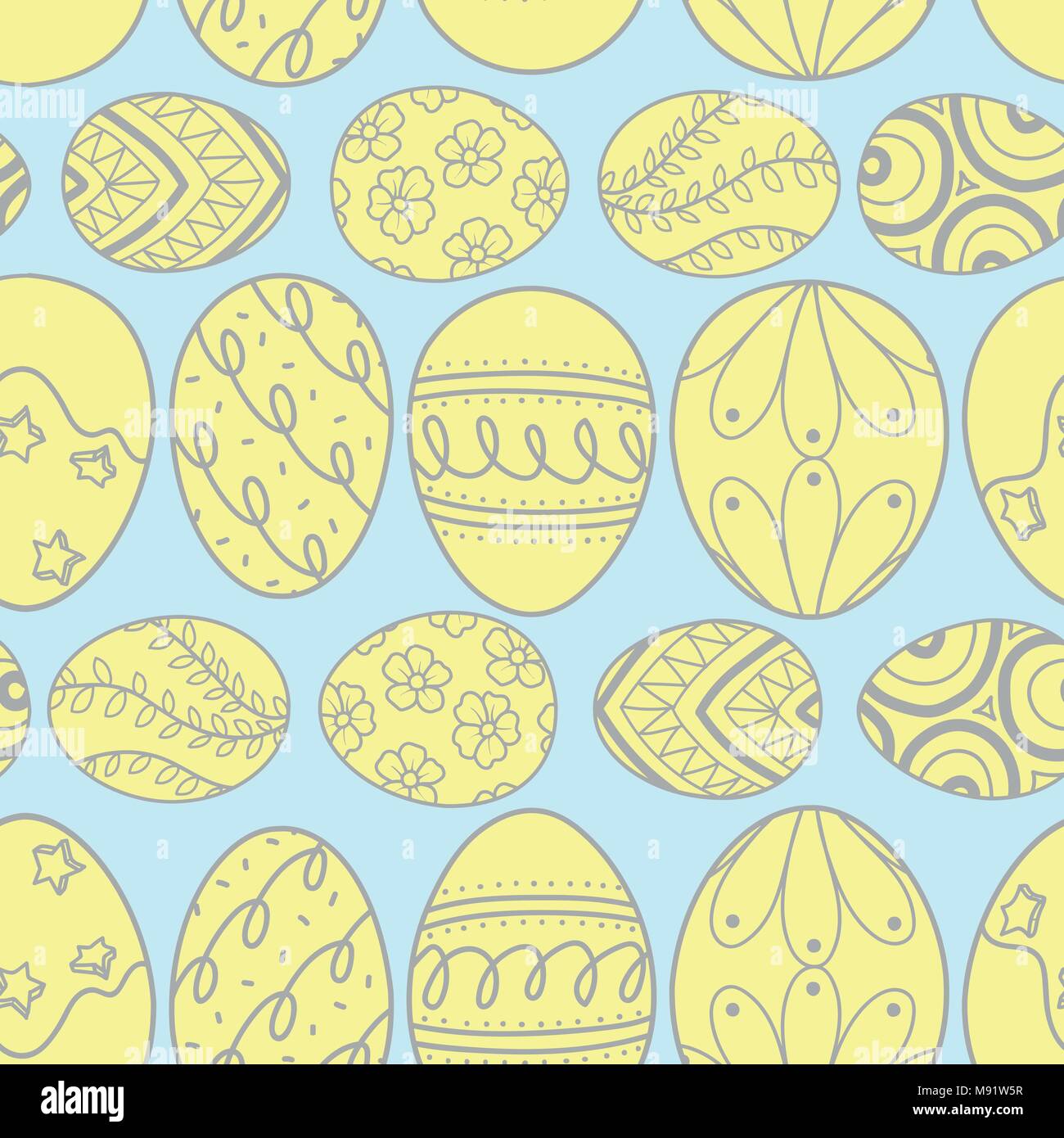 Easter eggs in gray outline and yellow plane line up on blue background. Cute hand drawn seamless pattern design for Easter festival in vector illustr Stock Vector