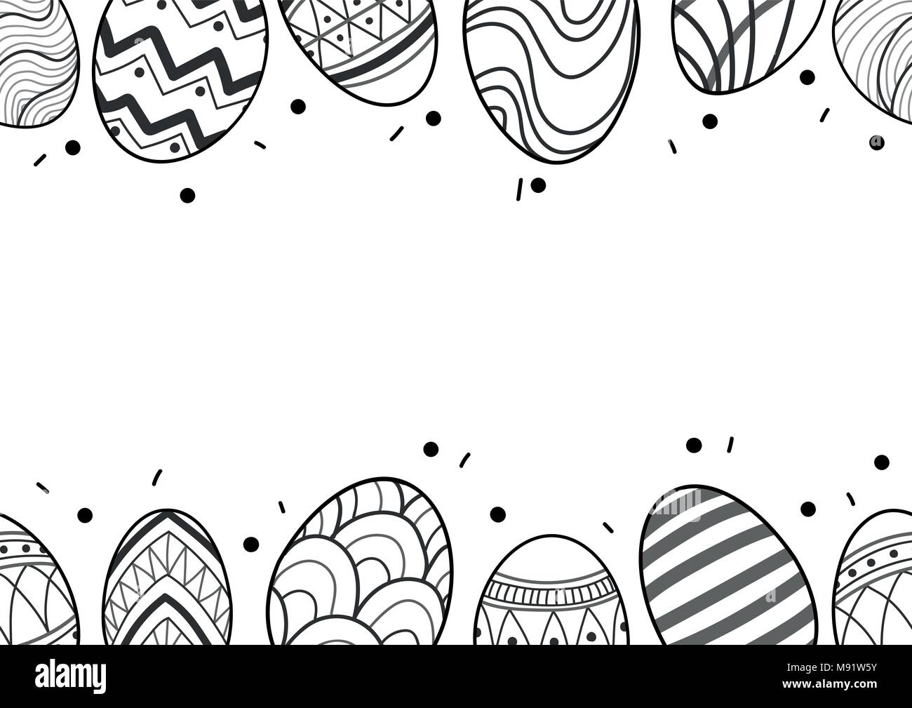 Easter eggs in black outline line up at the top and the bottom of picture on white background. Cute hand drawn seamless pattern design for Easter fest Stock Vector