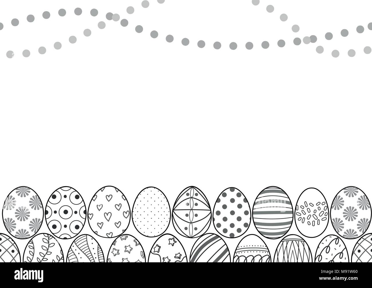 Easter eggs in black outline line up at the bottom of picture with curved dots at the top on white background. Cute hand drawn seamless pattern design Stock Vector