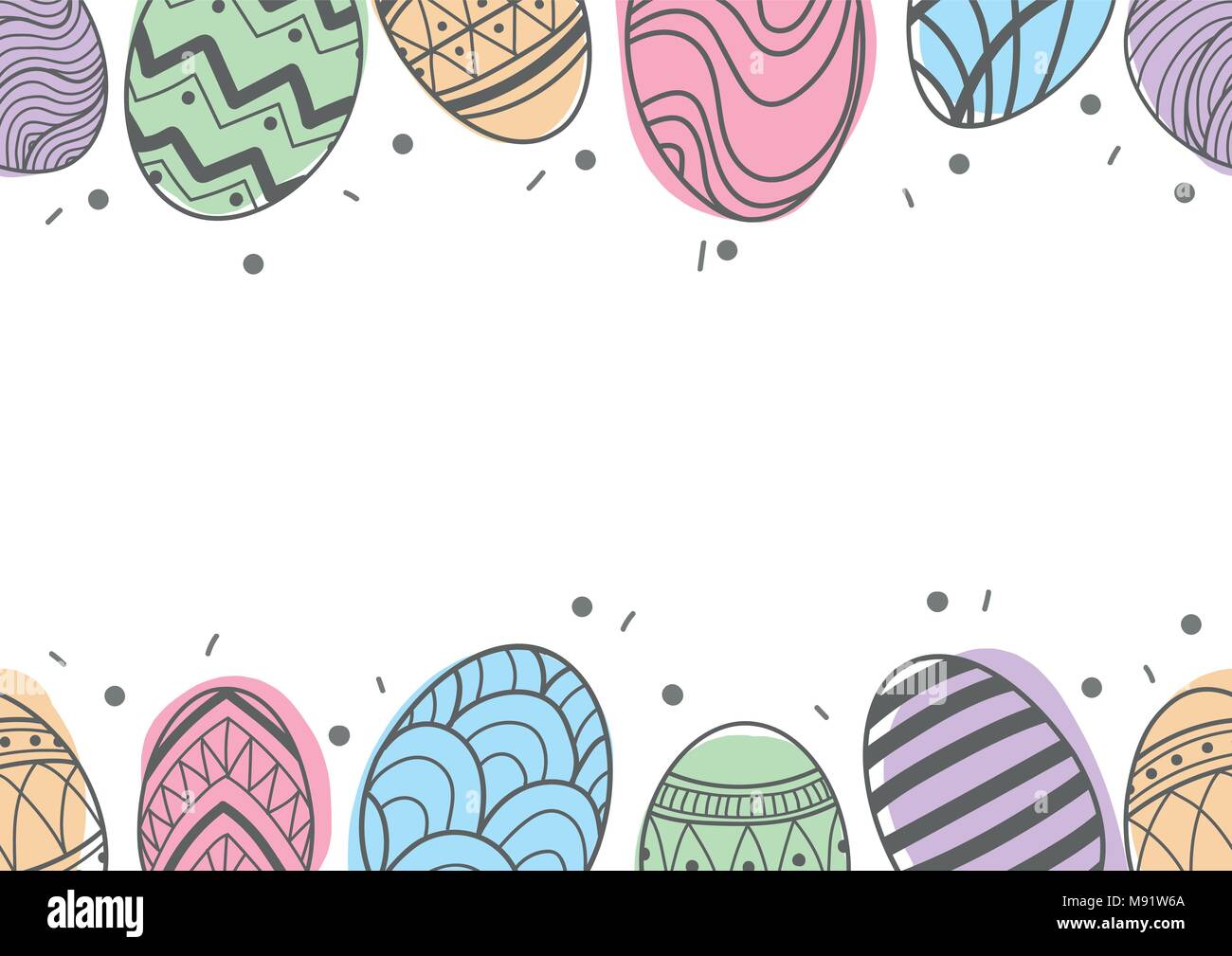 Easter eggs in gray outline and colorful plane line up at top and bottom of picture on white background. Cute hand drawn seamless pattern design for E Stock Vector