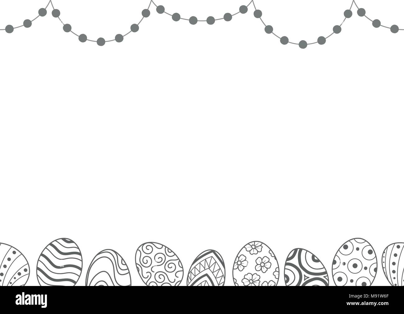 Easter eggs in gray outline and dots line up on top and bottom of picture on white background. Cute hand drawn seamless pattern design for Easter fest Stock Vector