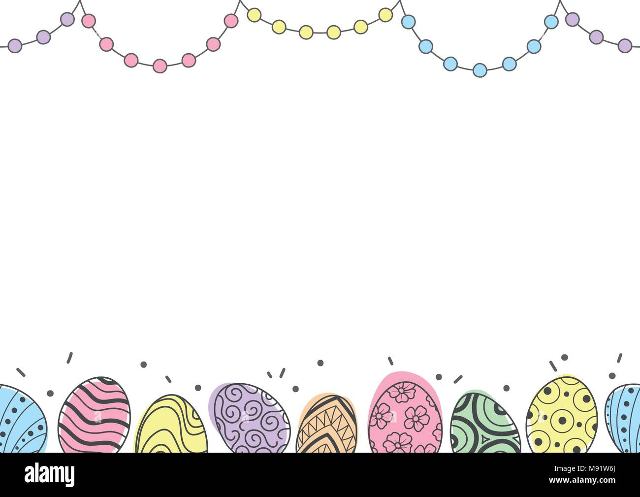 Easter eggs in gray outline and colorful plane and dots line up at top and bottom of picture on white background. Cute hand drawn seamless pattern des Stock Vector