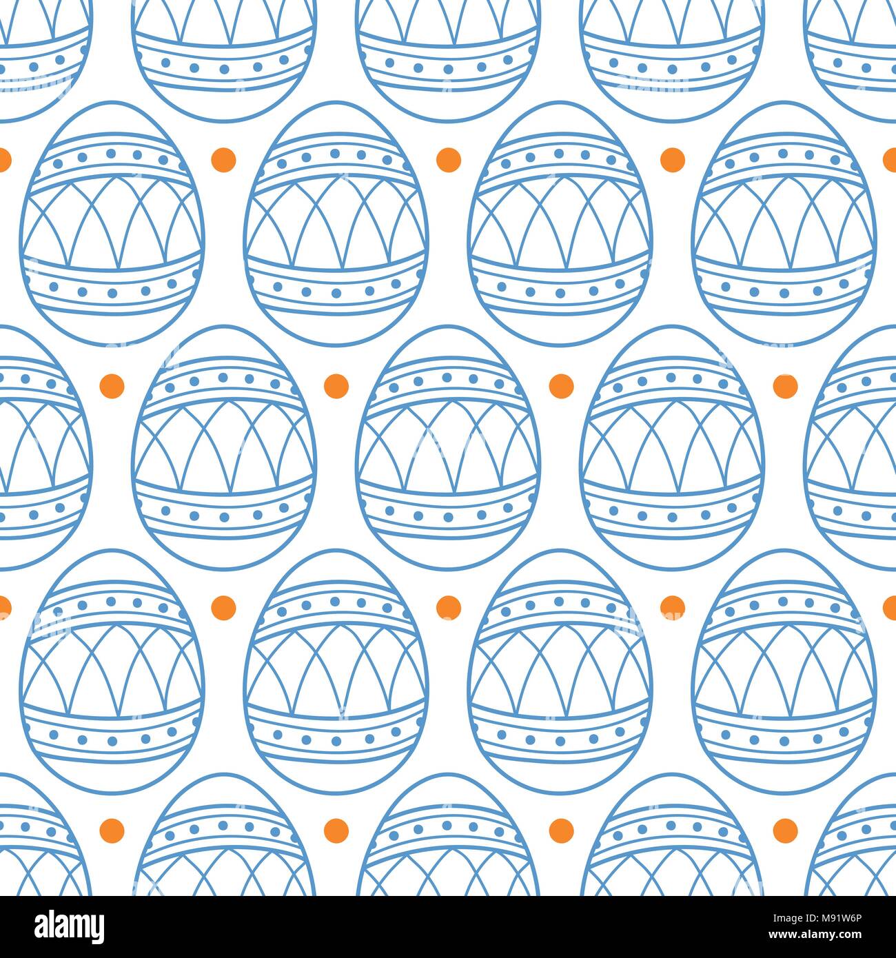 Easter eggs in blue outline and orange dots on white background. Cute hand drawn seamless pattern design for Easter festival in vector illustration. Stock Vector
