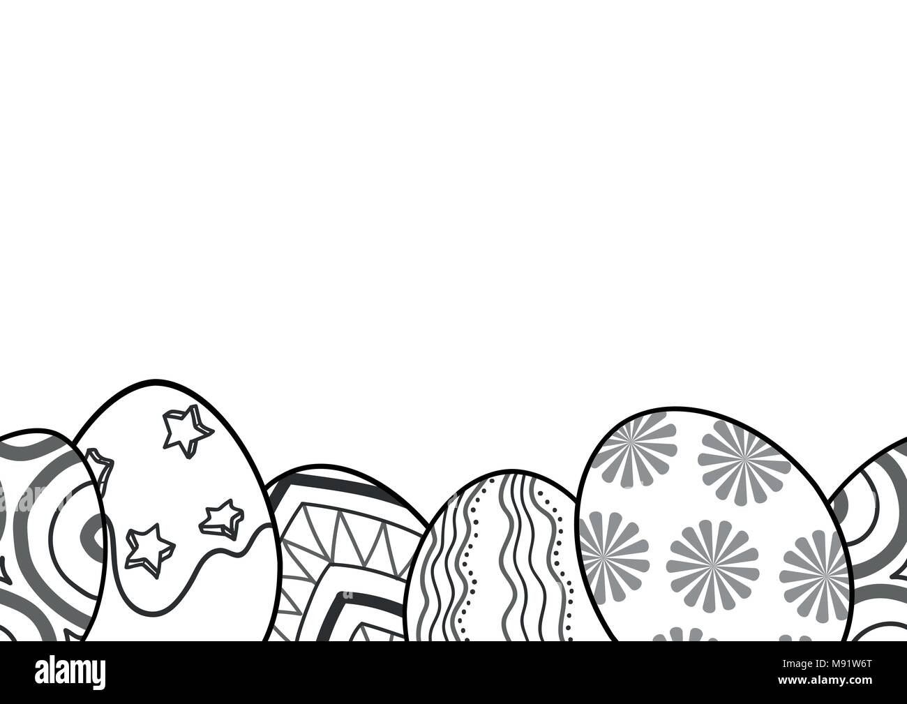 Easter eggs in black outline line up at bottom of picture on white background. Cute hand drawn seamless pattern design for Easter festival in vector i Stock Vector