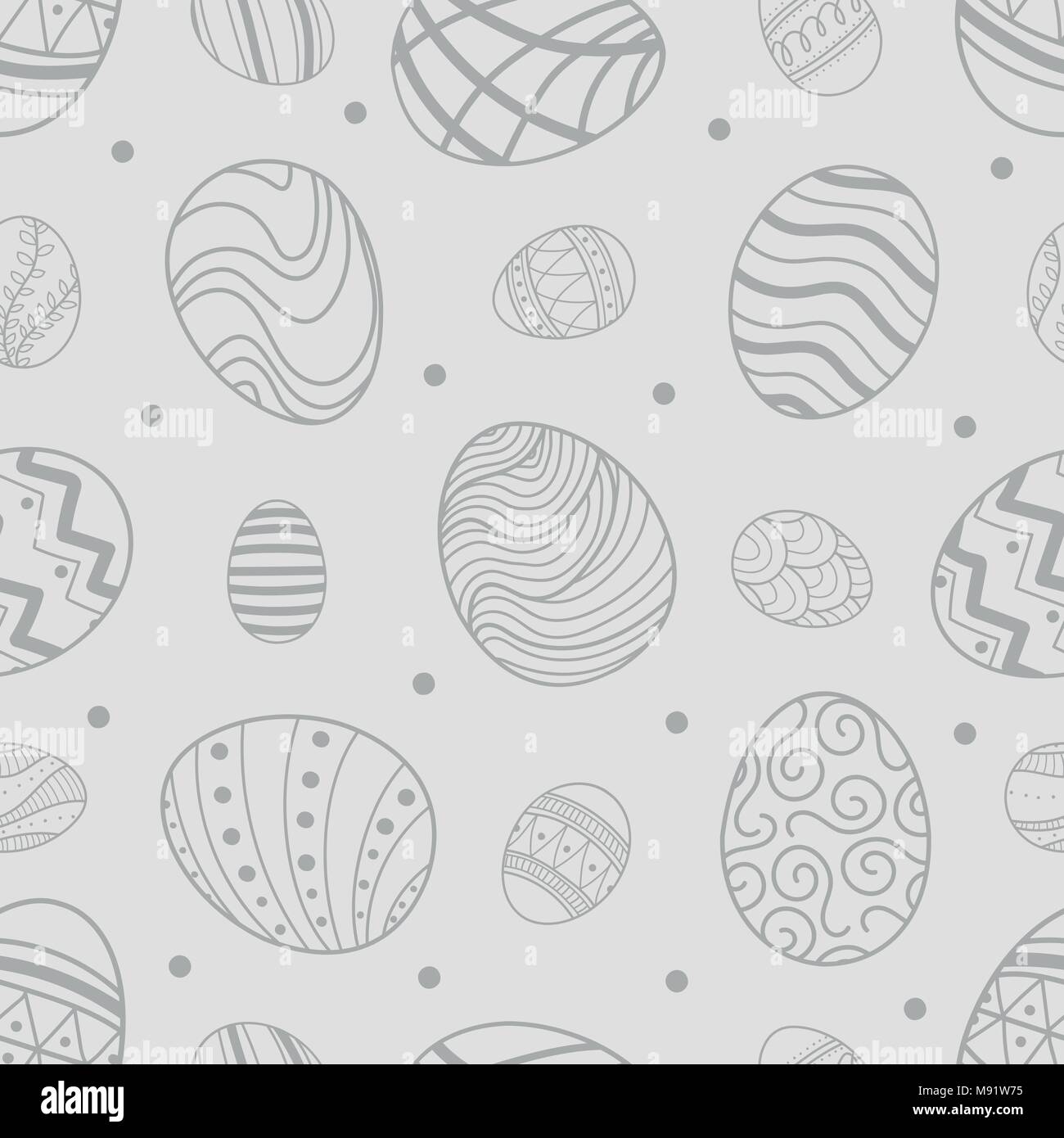 Easter eggs in gray outline and dots random on light gray background. Cute hand drawn seamless pattern design for Easter festival in vector illustrati Stock Vector