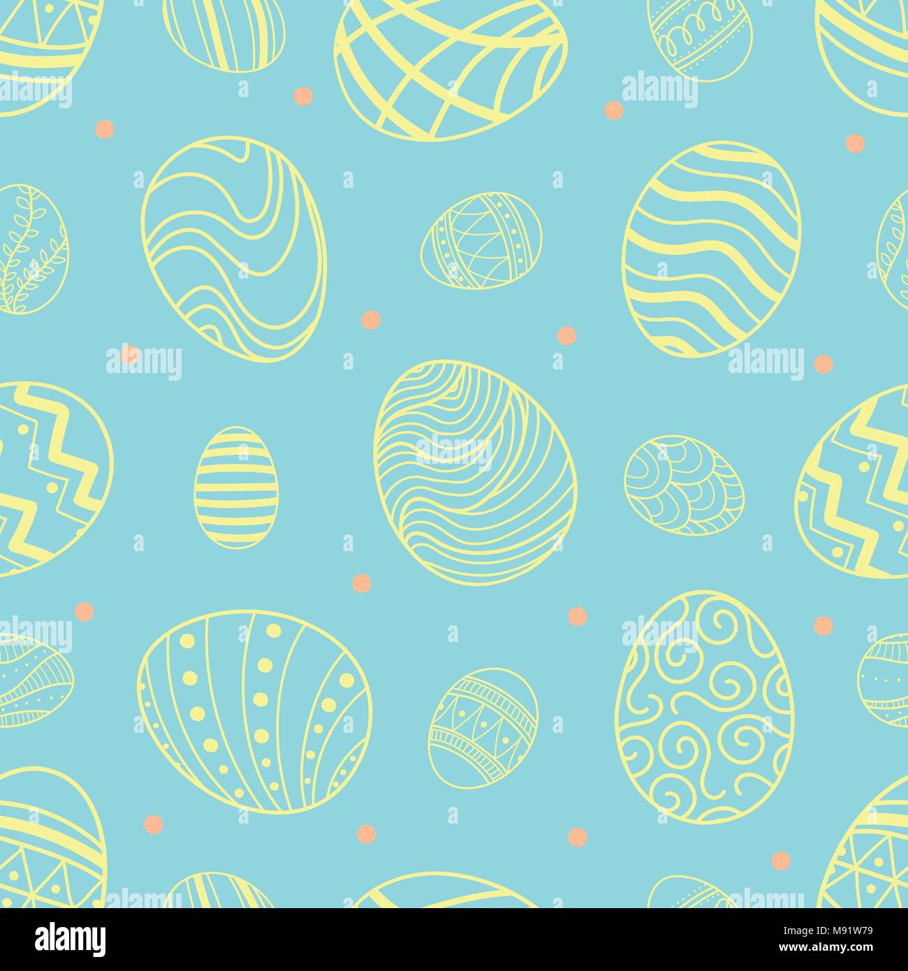 Easter eggs in yellow outline and pink dots random on pastel blue background. Cute hand drawn seamless pattern design for Easter festival in vector il Stock Vector