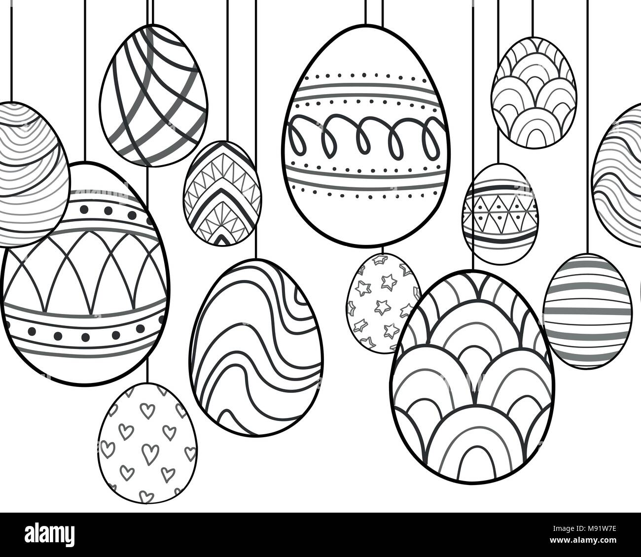 Easter eggs in black outline and white plane hang on white background. Cute hand drawn seamless pattern design for Easter festival in vector illustrat Stock Vector