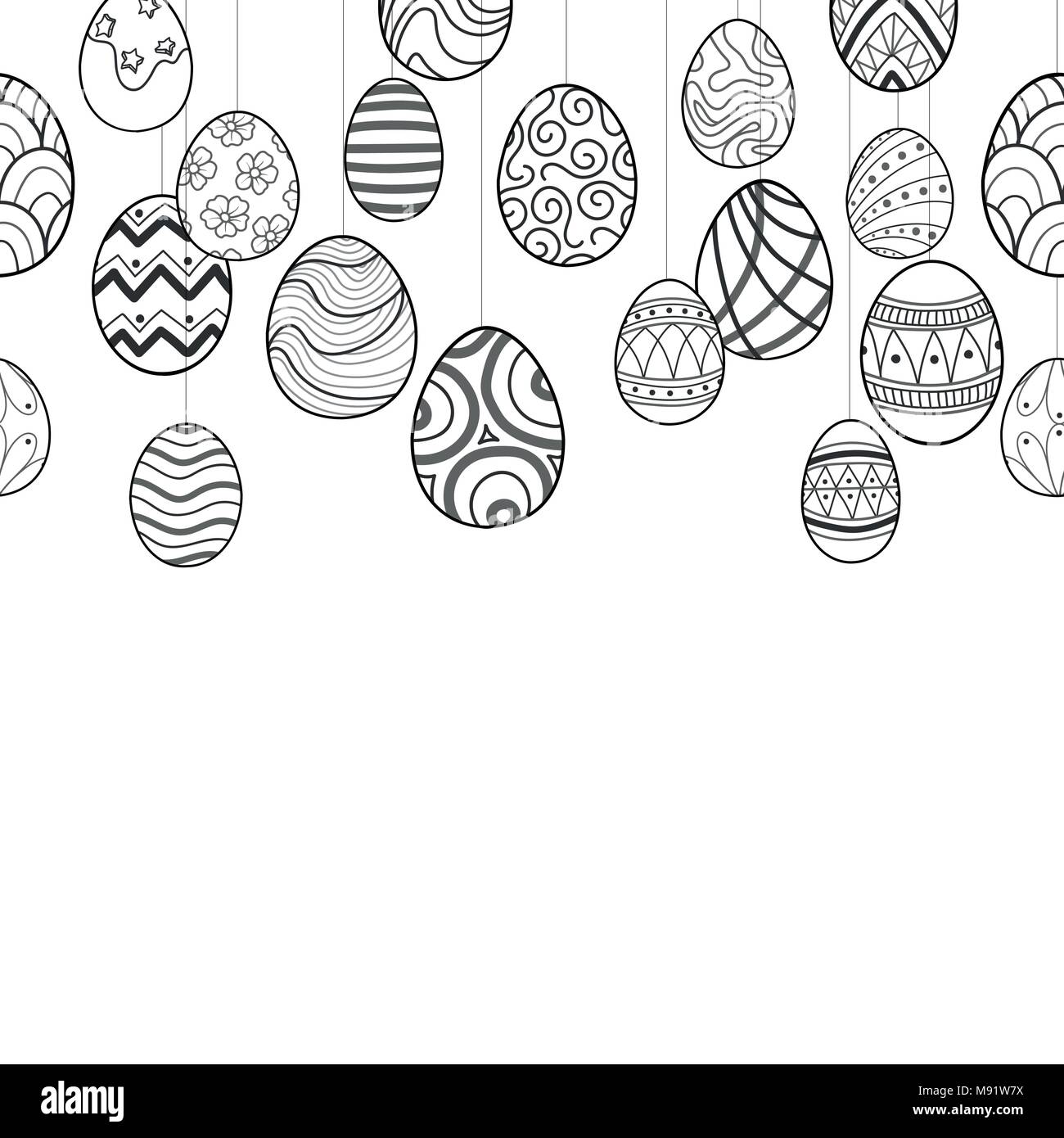 Easter eggs in black outline hang on white background. Cute hand drawn seamless pattern design for Easter festival in vector illustration. Stock Vector