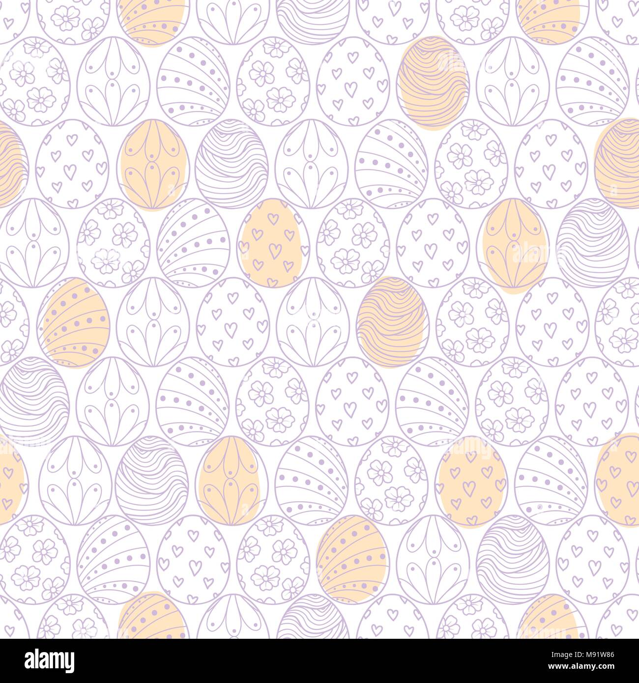 Easter eggs in pastel violet outline and pink plane line up on white background. Cute hand drawn seamless pattern design for Easter festival in vector Stock Vector