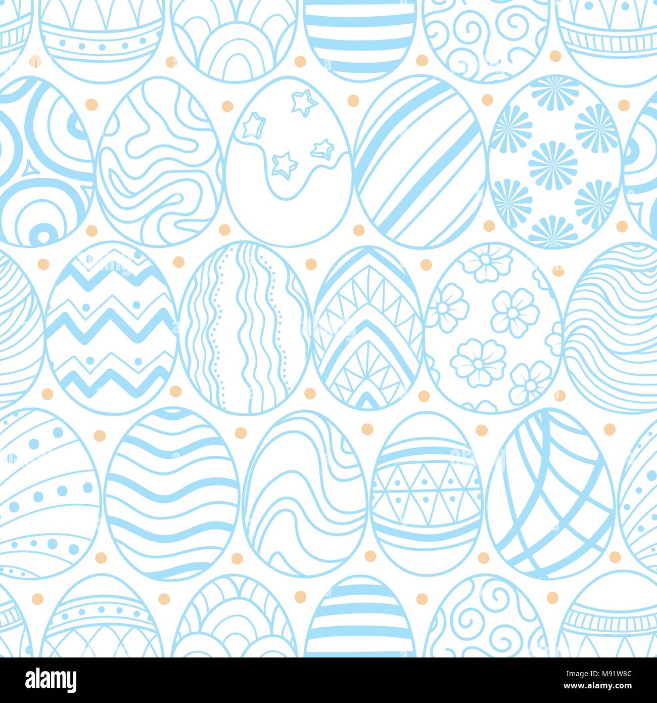 Easter eggs in pastel blue outline pink dots line up on white background. Cute hand drawn seamless pattern design for Easter festival in vector illust Stock Vector