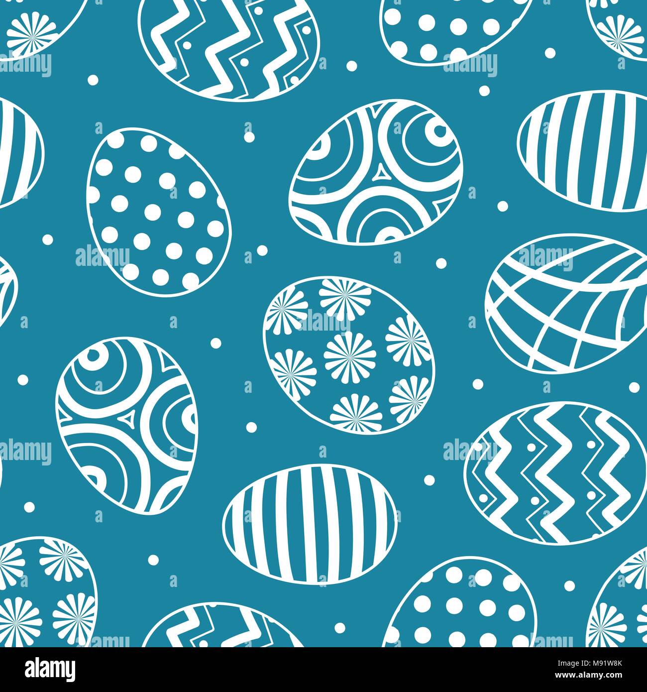 Easter eggs in white outline and white dots random on blue background. Cute hand drawn seamless pattern design for Easter festival in vector illustrat Stock Vector
