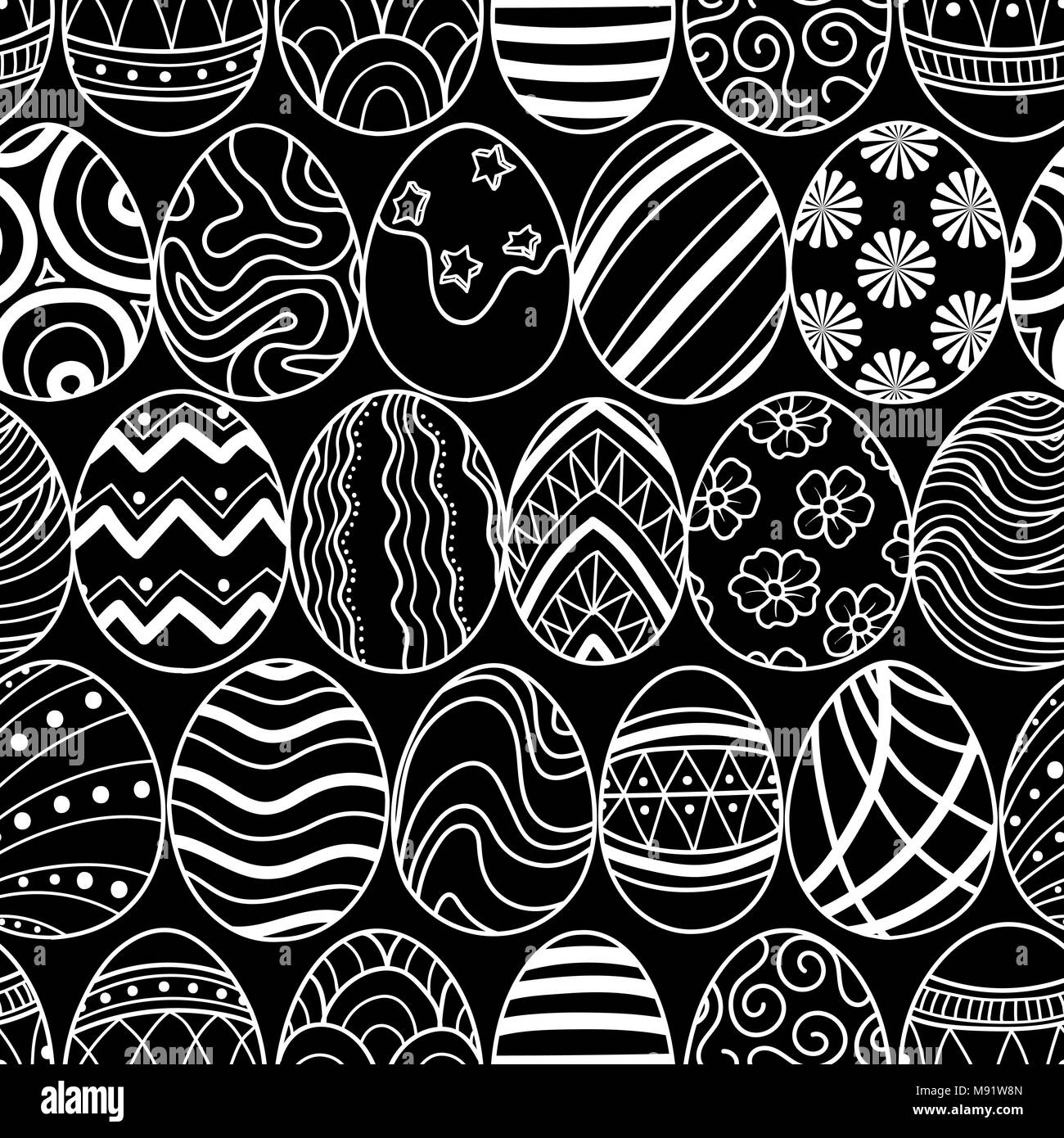 Easter eggs in white outline line up on black ackground. Cute hand drawn seamless pattern design for Easter festival in vector illustration. Stock Vector