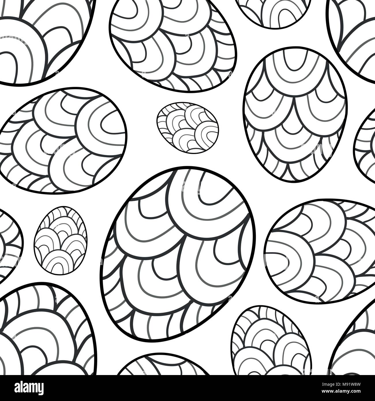 Easter eggs in black outline random on white background. Cute hand drawn seamless pattern design for Easter festival in vector illustration. Stock Vector