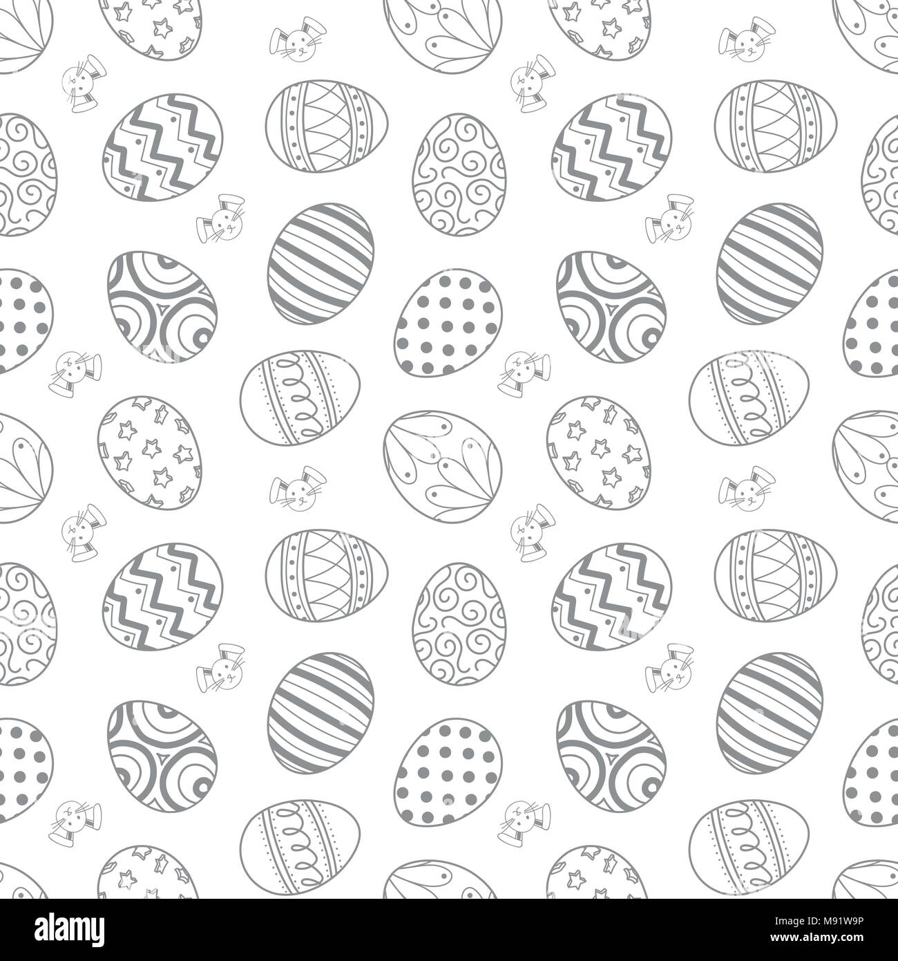 Easter eggs in light gray outline and bunny random on white background. Cute hand drawn seamless pattern design for Easter festival in vector illustra Stock Vector
