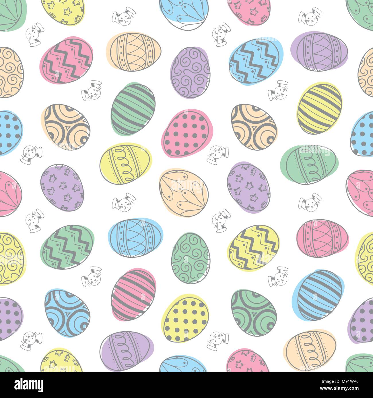 Easter eggs in light gray outline and colorful plane with bunny random on white background. Cute hand drawn seamless pattern design for Easter festiva Stock Vector