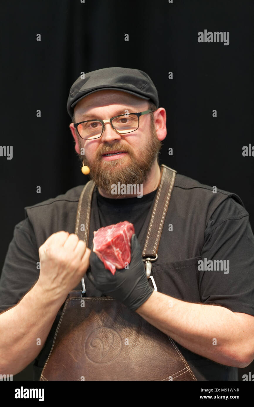 Heiko Brath, butcher from Karlsruhe Germany.Dry aged specialist and Inventor of the 'alte Wutz' Stock Photo