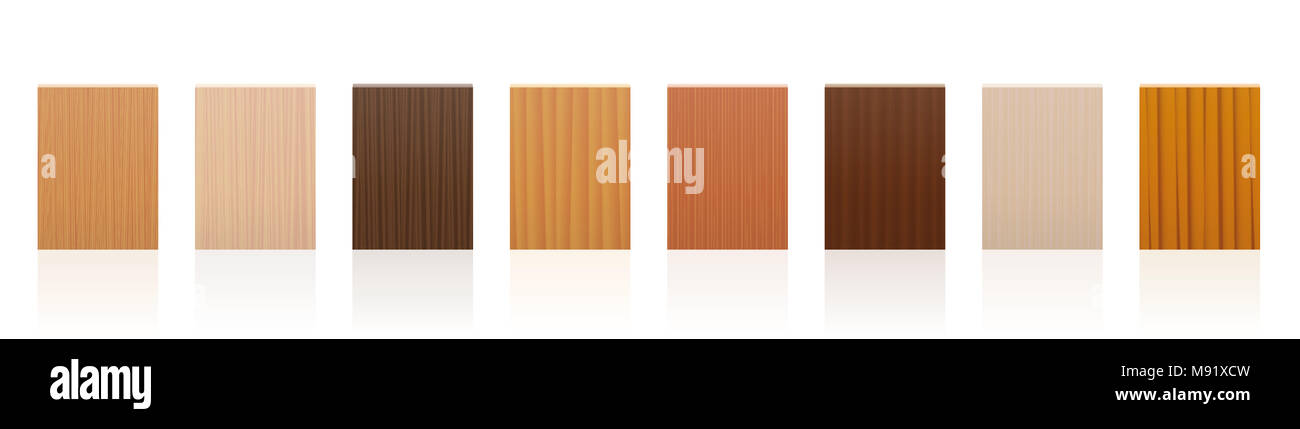 Wood samples. Wooden plate set with different colors, glazes, textures from various trees to choose. Stock Photo