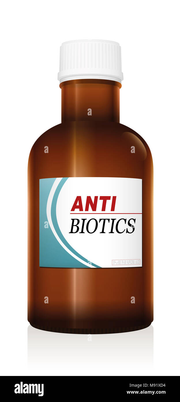 Medicine bottle named ANTIBIOTICS, a medical fake product. Stock Photo