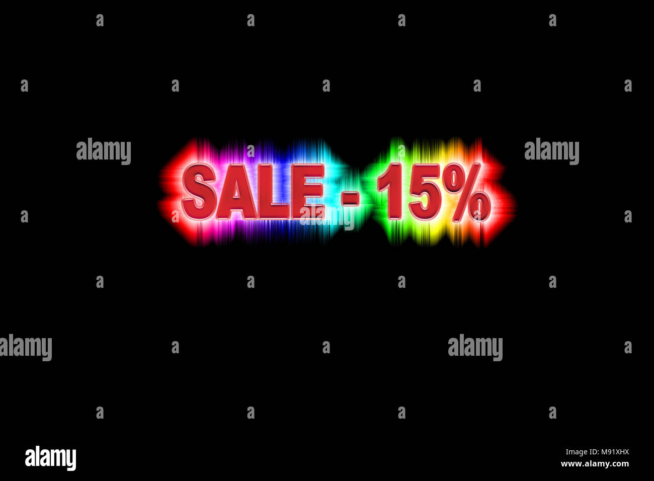 The discount is fifteen percent of the simulated volume with a rainbow glow on a black background Stock Photo