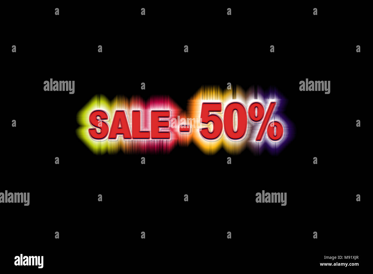 Fifty percent discount with a simulation volume with a rainbow glow on a black background Stock Photo