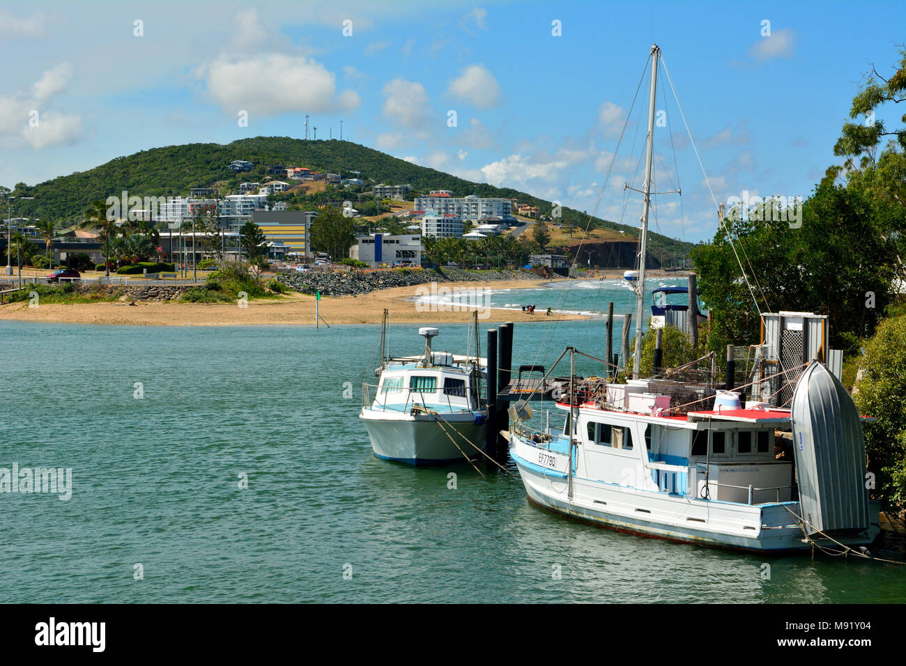 Yeppoon, Queensland, Australia - December 27, 2017. View toward Yeppoon town and beach with boats. Stock Photo