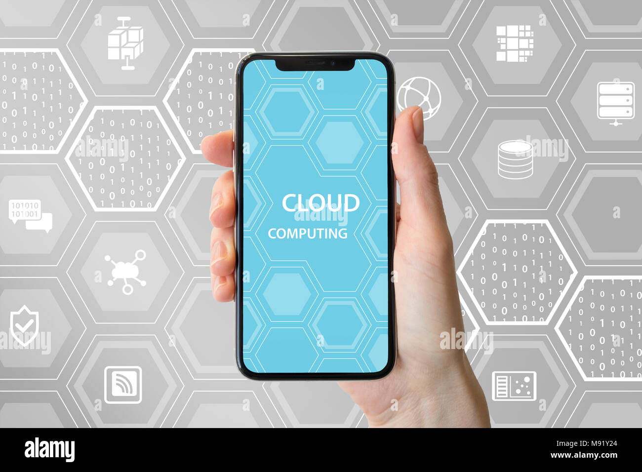 Cloud computing text displayed on frameless touchscreen. Hand holding ...