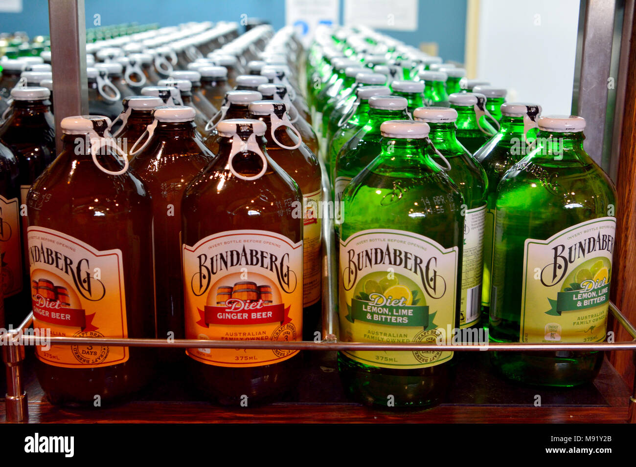 Bundaberg, Queensland, Australia - January 4, 2018. Bottles of Bundaberg root beer in refrigerator. Ginger beer and Lemon, lime and bitters root beer. Stock Photo